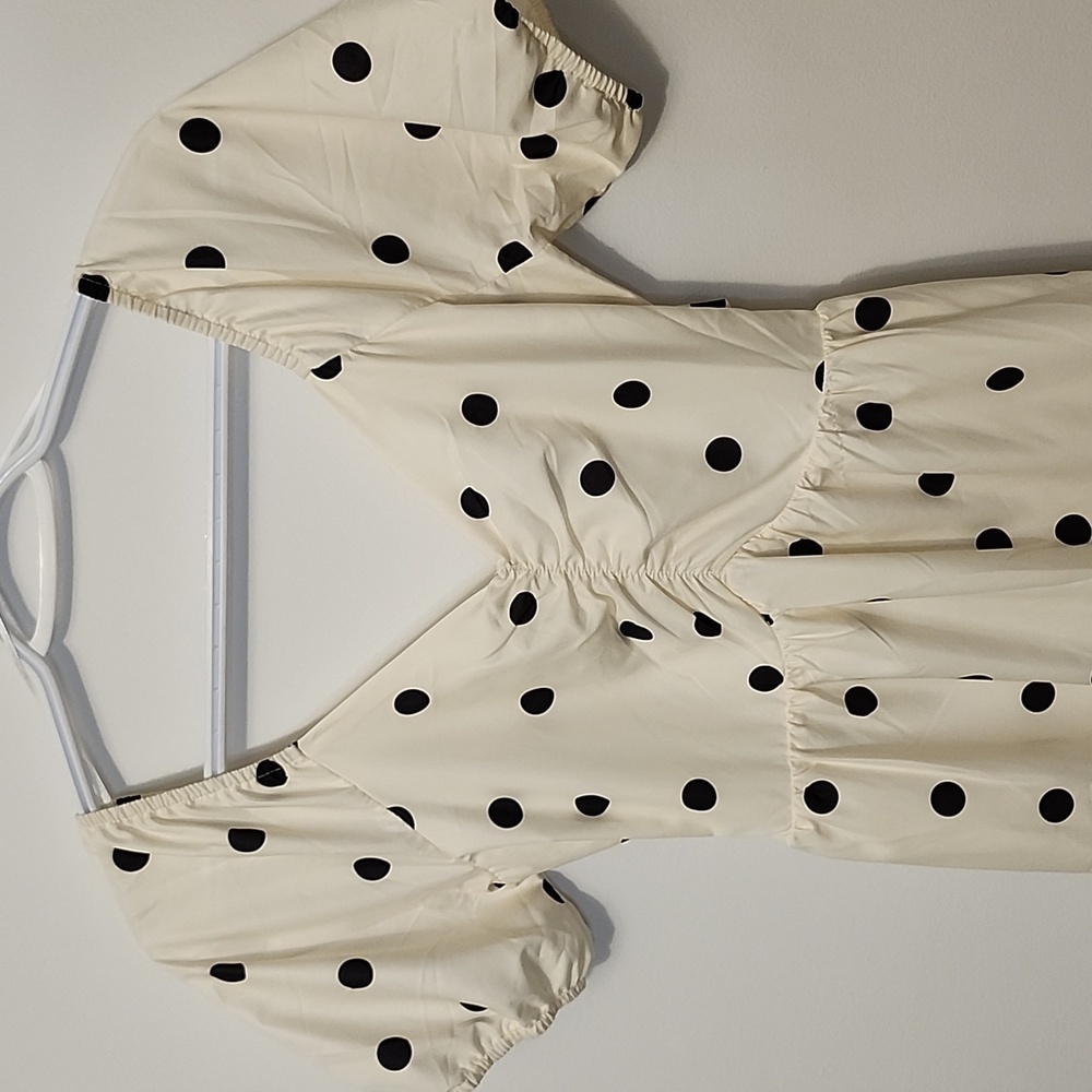 NWTs Morrisday the label polka dot cream tiered puff sleeve cutout S dress - Picture 2 of 8